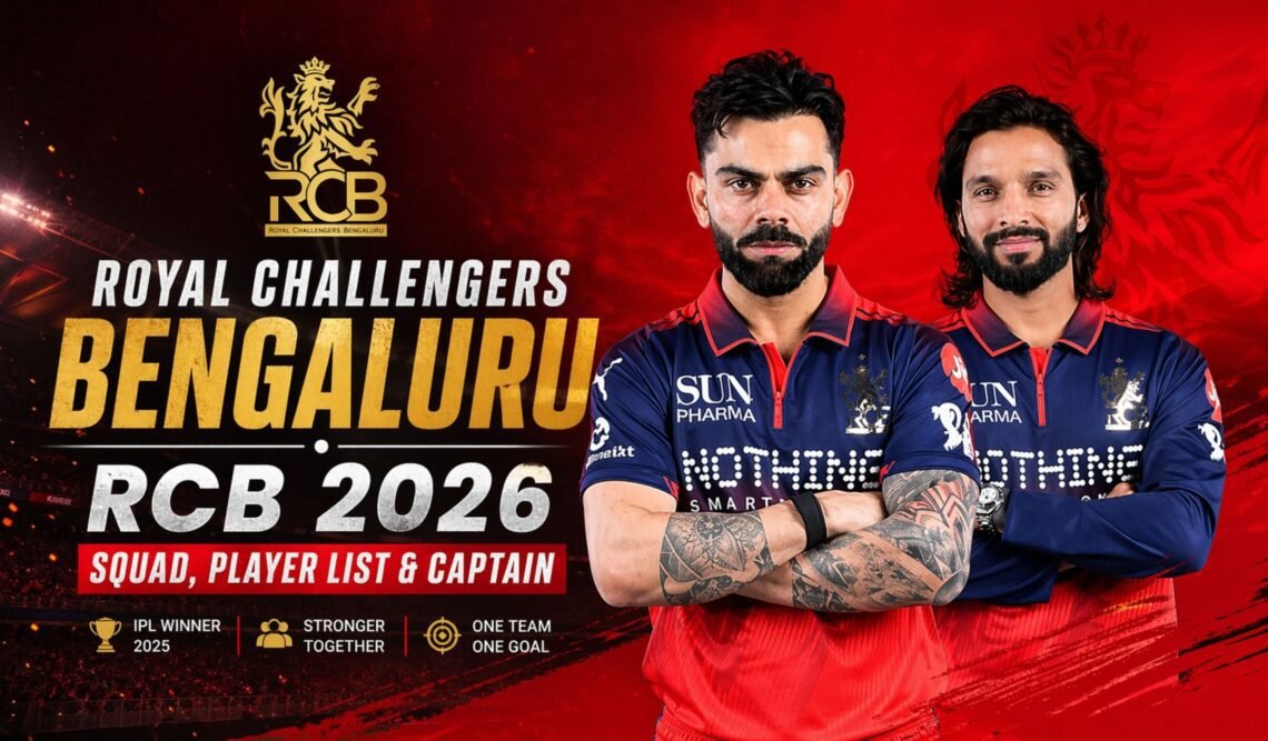 Landscape feature image of Royal Challengers Bengaluru (RCB) 2026 squad showing two players in RCB jerseys with team logo, red background, and bold title text “RCB 2026 Squad, Player List & Captain