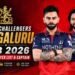 Landscape feature image of Royal Challengers Bengaluru (RCB) 2026 squad showing two players in RCB jerseys with team logo, red background, and bold title text “RCB 2026 Squad, Player List & Captain